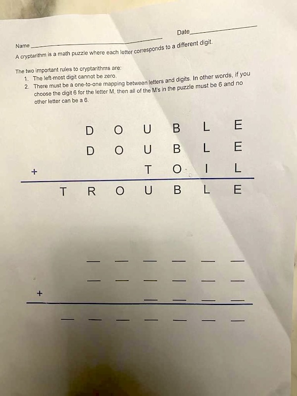 Cryptarithm DOUBLE TROUBLE